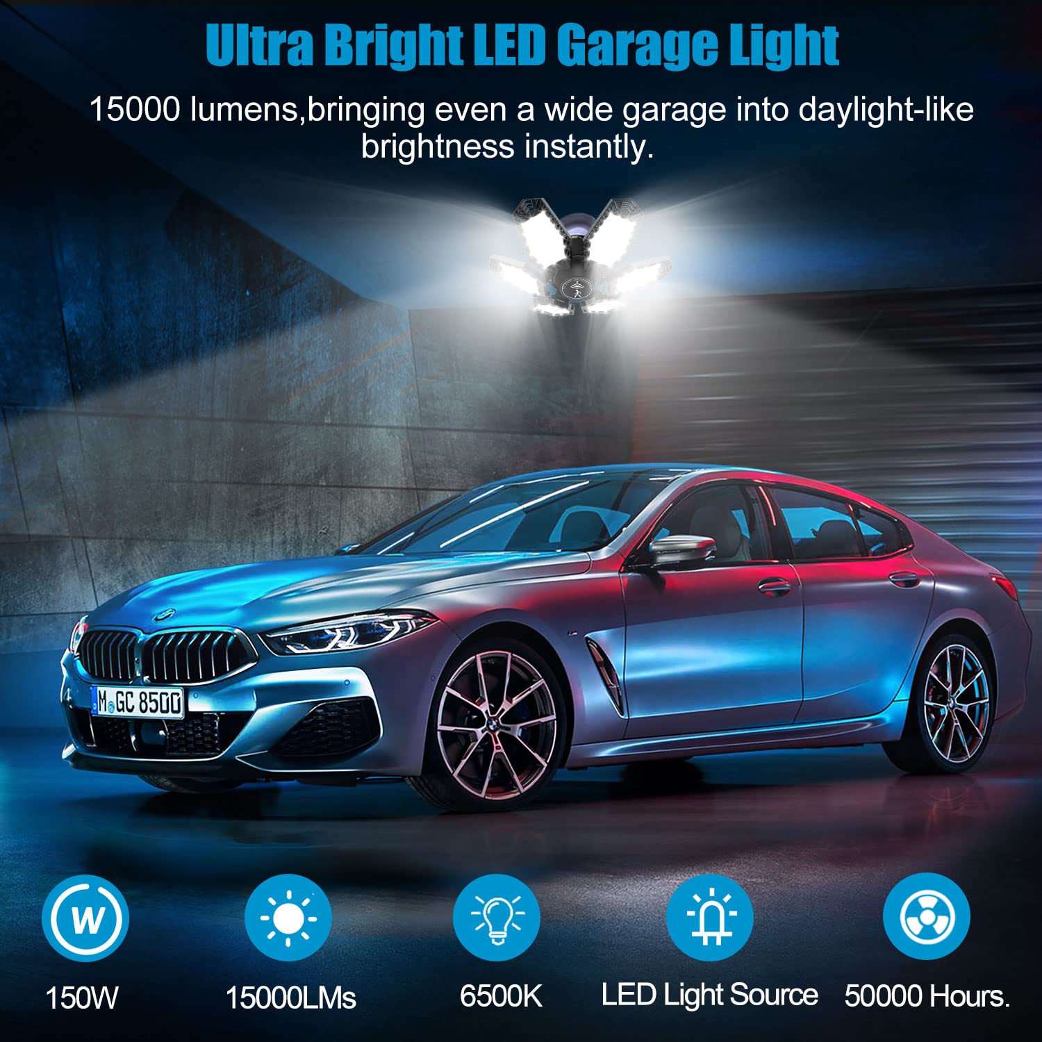 TANBABY 2 Pack Motion Sensor Garage Light, 150W Deformable LED, 15000LM Ultra Bright Shop Light for Garage & Basement, Black